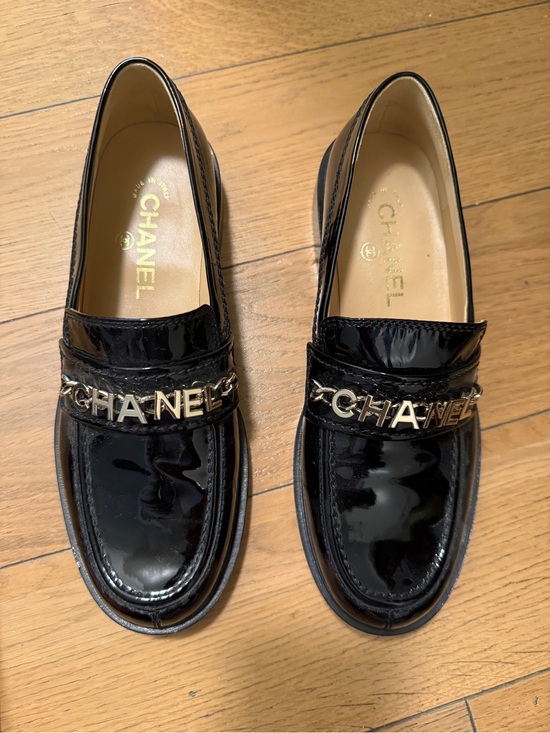 CHANEL Shoes - CHANEL Black Patent Leather Logo Chain Loafers